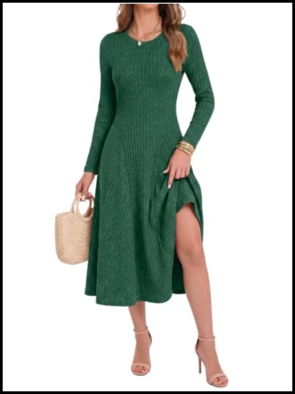 Ribbed Knit Long Sleeve A-Line Midi Sweater Dress